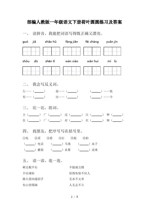 部编人教版一年级语文下册荷叶圆圆练习及答案
