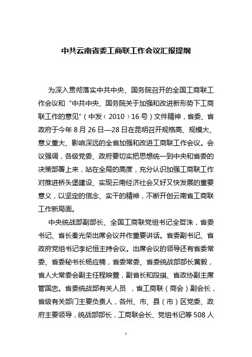 云南省委工商联工作会议汇报提纲
