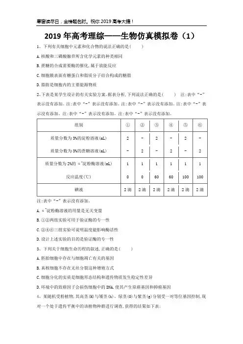 2019年高考理综——生物仿真模拟卷(1)