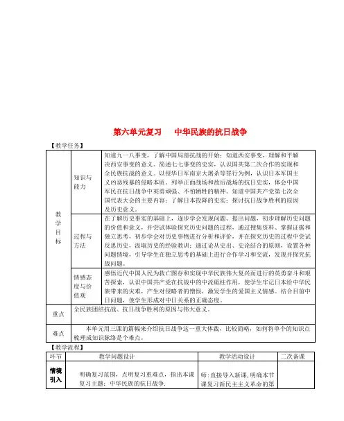 2018八年级历史上册期末复习第六单元中华民族的抗日战争复习学案新人教版8