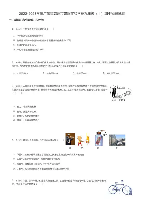 初中物理 2022-2023学年广东省惠州市九年级(上)期中物理试卷
