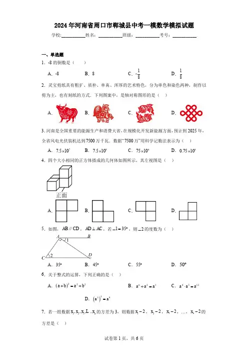 2024年河南省周口市郸城县中考一模数学模拟试题