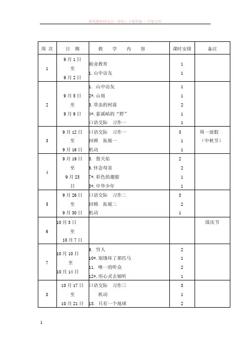 人教版六年级上册语文教学进度表
