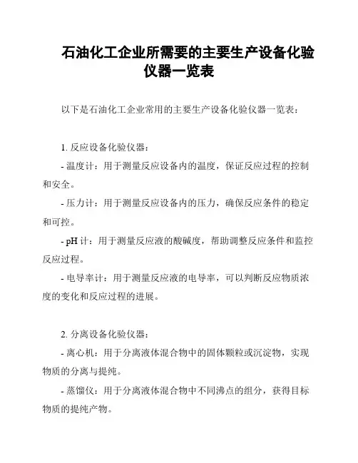 石油化工企业所需要的主要生产设备化验仪器一览表
