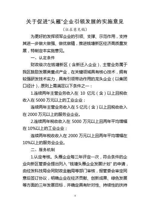 关于促进头雁企业引领发展的实施意见
