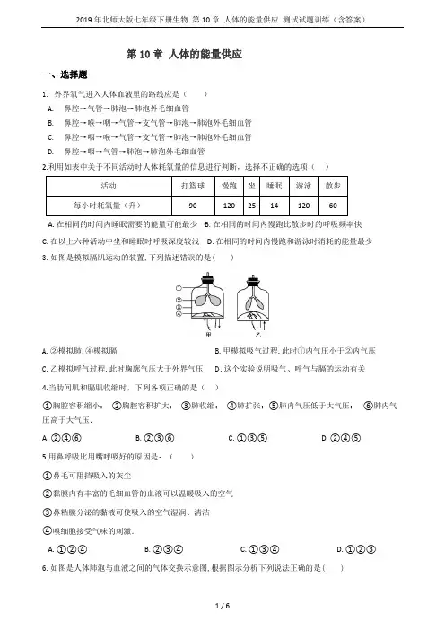 2019年北师大版七年级下册生物 第10章 人体的能量供应 测试试题训练(含答案)