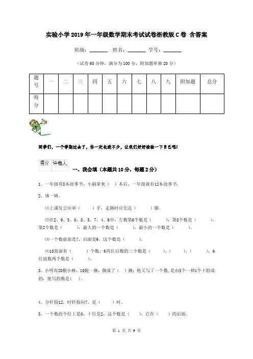 实验小学2019年一年级数学期末考试试卷浙教版C卷 含答案