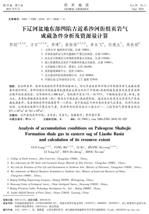 下辽河盆地东部凹陷古近系沙河街组页岩气成藏条件分析及资源量计算