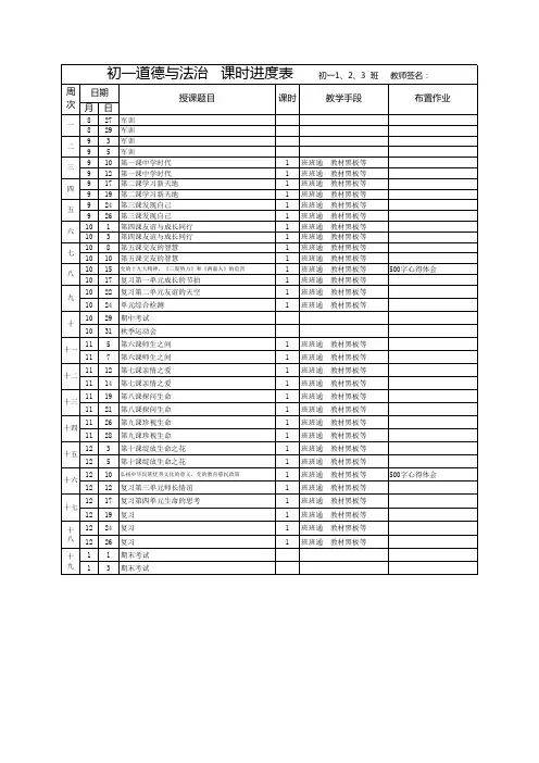 初一 道德与法治  教学 进度计划