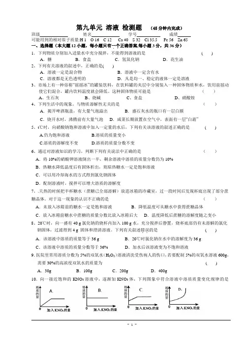 人教版九年级化学下册 第九单元 溶液 检测题(含答案) 2