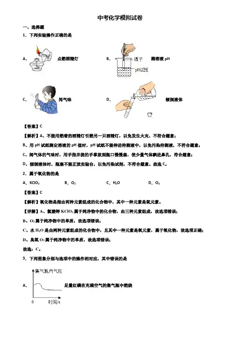 ★试卷3套精选★上海市嘉定区2019年中考化学模拟卷