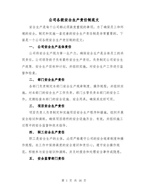 公司各级安全生产责任制范文（三篇）