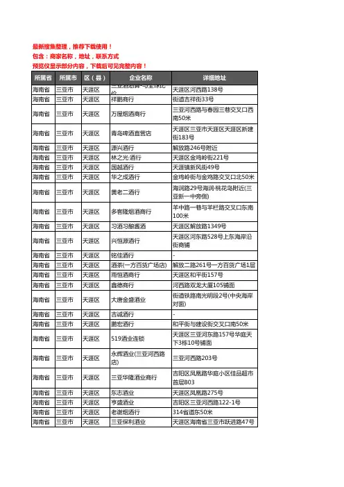 新版海南省三亚市天涯区酒水批发企业公司商家户名录单联系方式地址大全177家