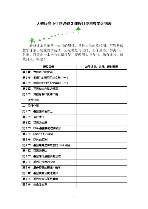 人教版高中生物必修2课程目录与教学计划表