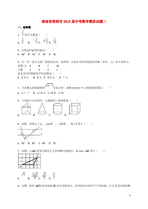 湖南省株洲市中考数学模拟试题二(含解析)