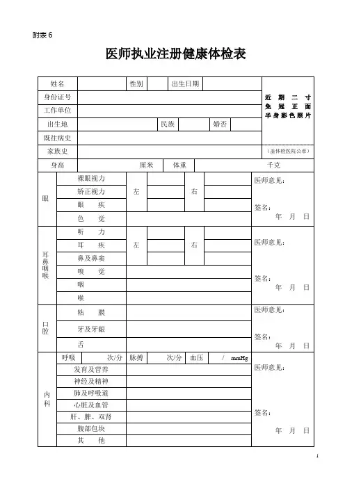 医师执业注册健康体检表