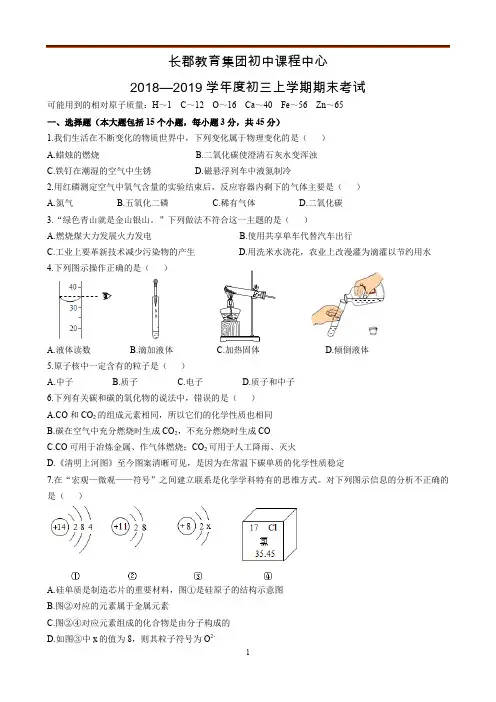 湖南省长沙市长郡教育集团2018-2019学年九上期末考试
