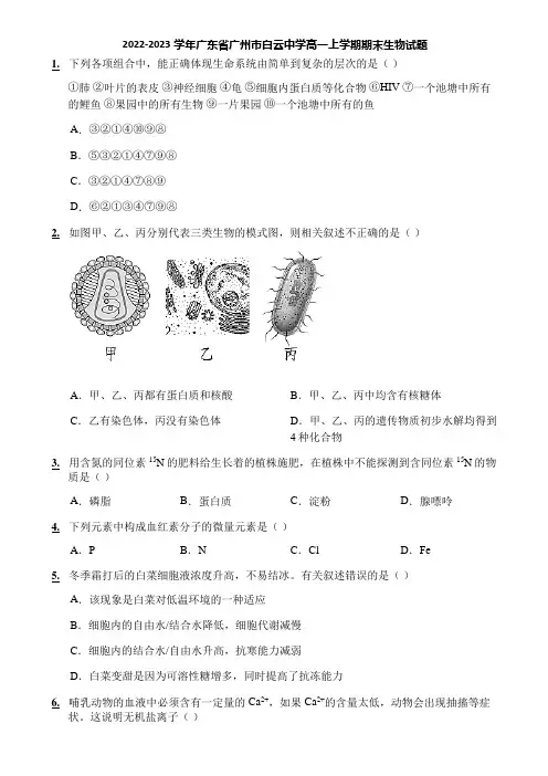 2022-2023学年广东省广州市白云中学高一上学期期末生物试题