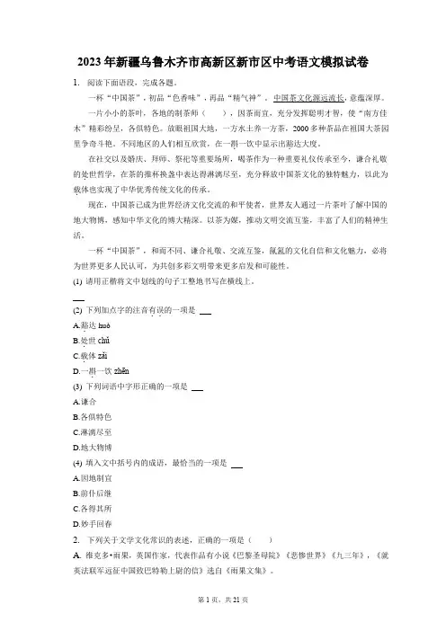 2023年新疆乌鲁木齐市高新区新市区中考语文模拟试卷(含答案解析)
