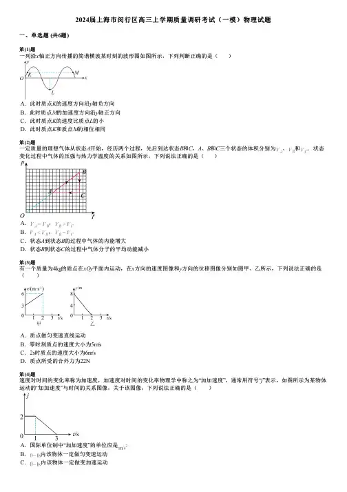 2024届上海市闵行区高三上学期质量调研考试(一模)物理试题 (2)