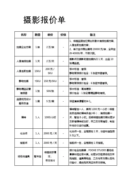 摄影报价单