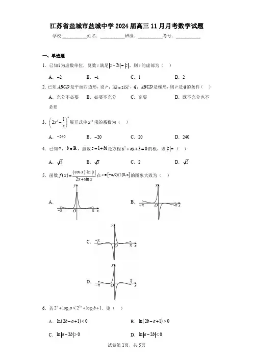 江苏省盐城市盐城中学2024届高三11月月考数学试题