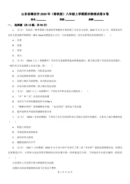 山东省潍坊市2020年(春秋版)八年级上学期期末物理试卷B卷
