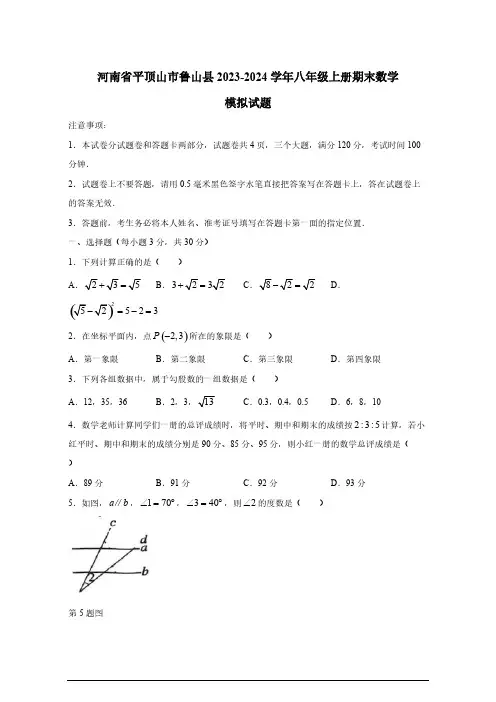 2023-2024学年河南省平顶山市鲁山县八年级上册期末数学模拟试题(有答案)