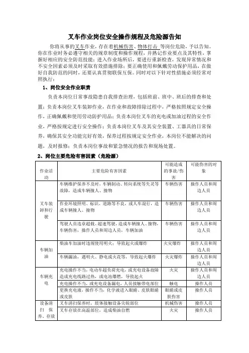 叉车作业岗位安全操作规程及危险源告知