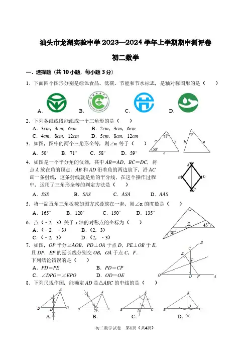 广东省汕头市龙湖实验中学2023-2024学年八年级上学期期中考试数学试题