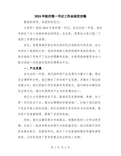2024年驻村第一书记工作总结发言稿