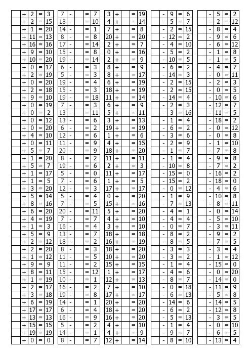 最新20以内加减法填空题(自动题库)随机生成