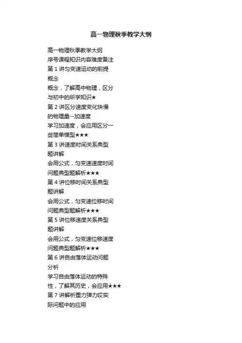 高一物理秋季教学大纲