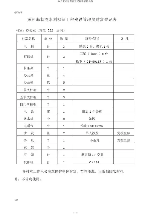 办公室固定资产登记标准表格范例