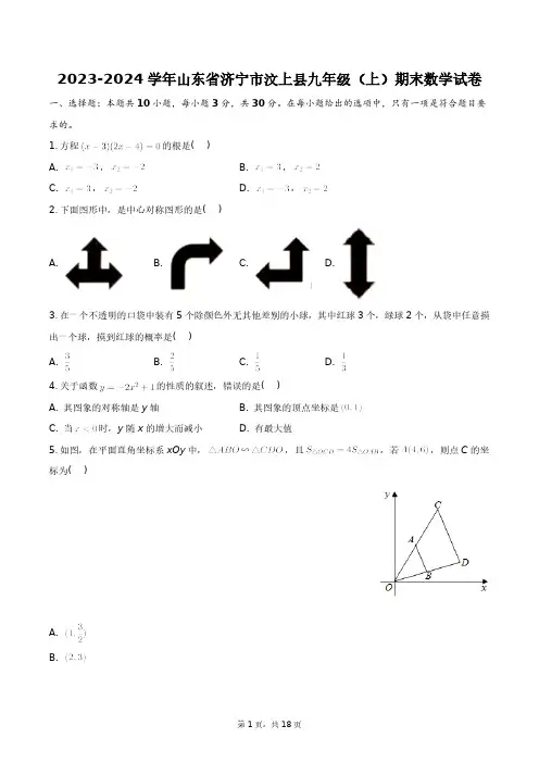 2023-2024学年山东省济宁市汶上县九年级(上)期末数学试卷+答案解析