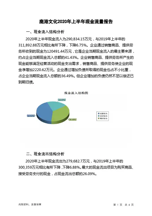鹿港文化2020年上半年现金流量报告