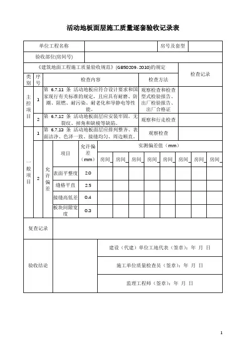活动地板面层施工质量逐套验收记录表