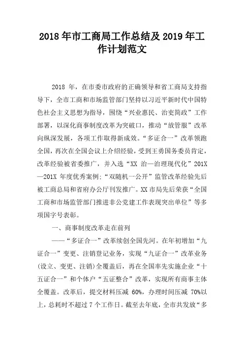 2018年市工商局工作总结及2019年工作计划范文