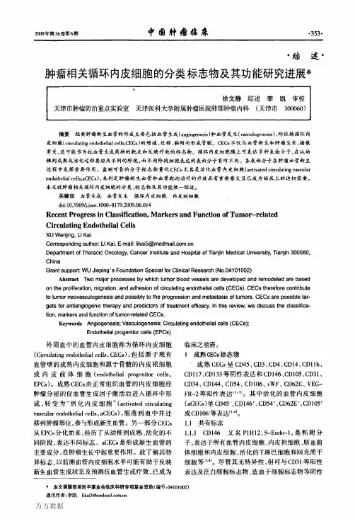 肿瘤相关循环内皮细胞的分类标志物及其功能研究进展