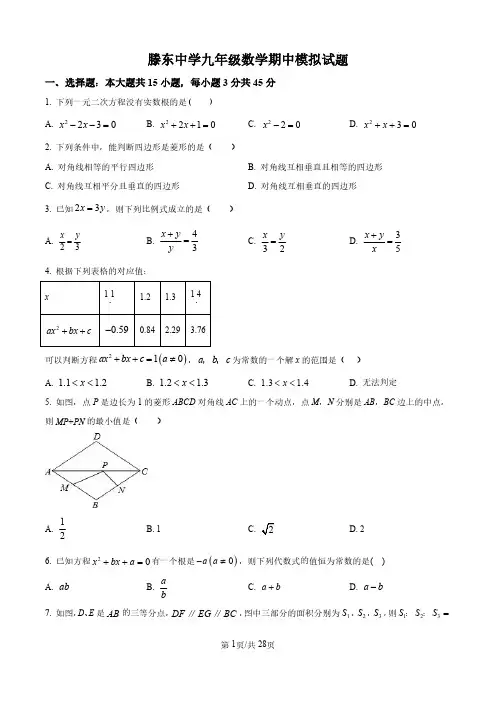 山东省滕州市滕东中学2024-2025学年九年级上学期期中数学试题