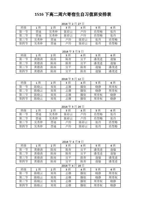 1516下高二周六寄宿生自习值班安排表