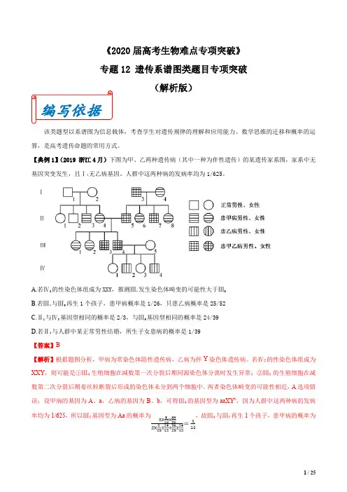2020年高考生物难点突破专题12 遗传系谱图专项突破(解析版)