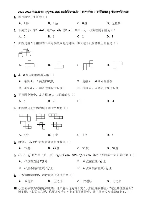2021-2022学年黑龙江省大庆市庆新中学六年级(五四学制)下学期期末考试数学试题