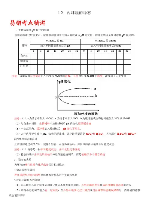 1-2 内环境的稳态(人教版2019选择性必修1)(解析版)