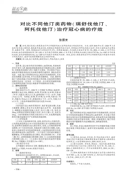 对比不同他汀类药物(瑞舒伐他汀、阿托伐他汀)治疗冠心病的疗效
