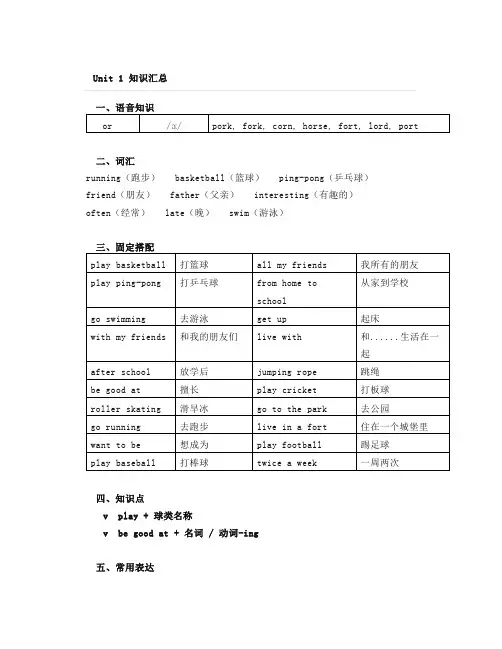 人教版新起点四年级英语上册知识点总结
