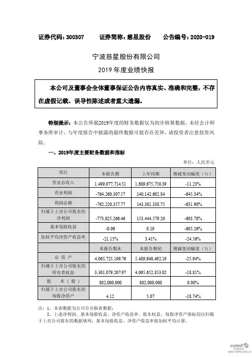 慈星股份：2019年度业绩快报