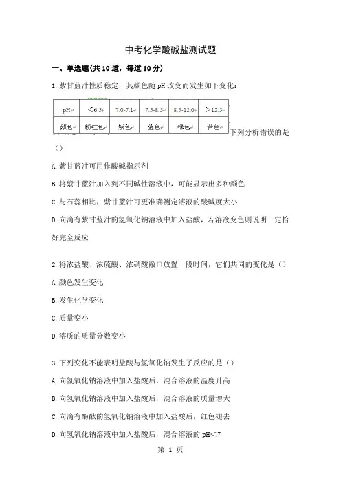 中考化学酸碱盐测试题目共4页