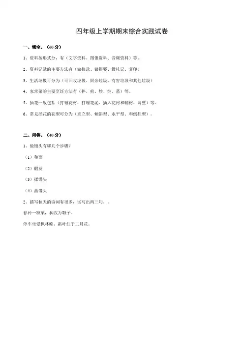 四年级上学期期末综合实践试卷