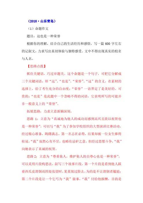 命题作文“这也是一种荣誉”写作指导及范文